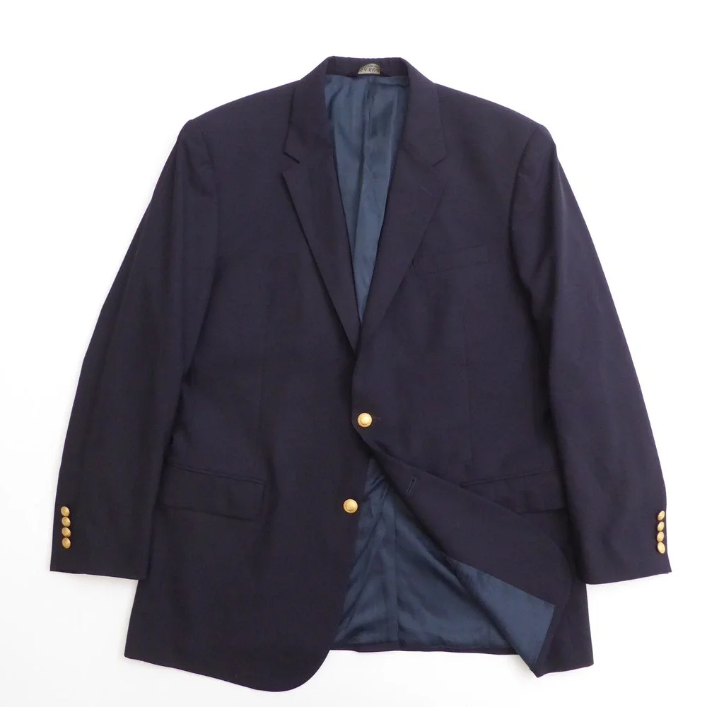 Jos. A. Bank Mens Blazer Navy Blue 100% Wool Two Button Gold Crest 46L